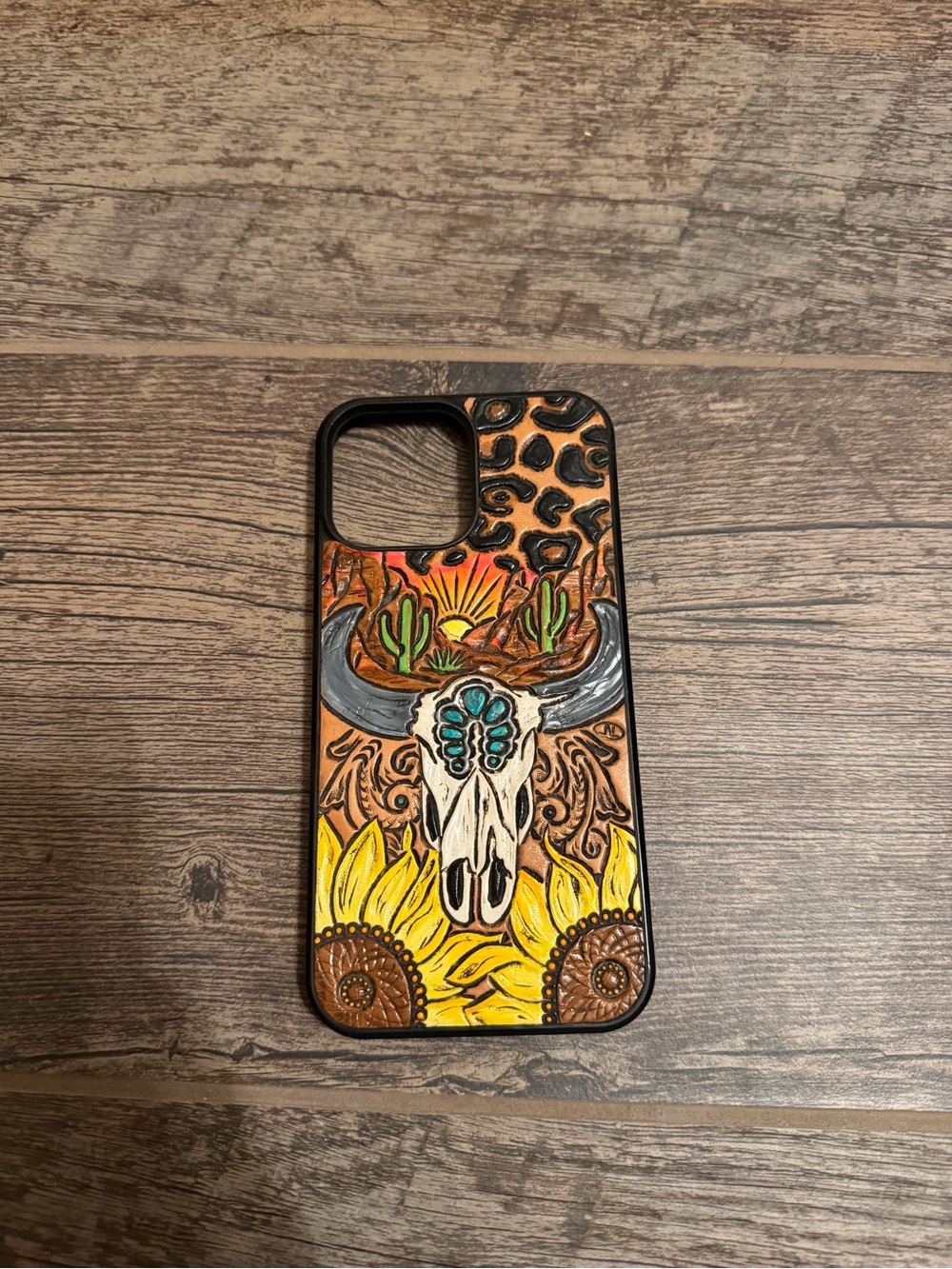 Hand Tooled Leather and Painted Southwestern Skull Iphone 13 Pro Max Case